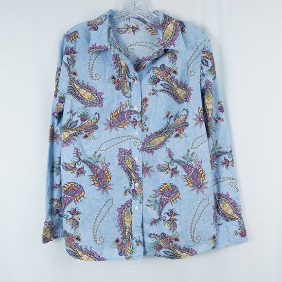 Talbots Cotton Button Front Shirt Swirly Paisley Womens Medium Blue Western Boho - Picture 1 of 14